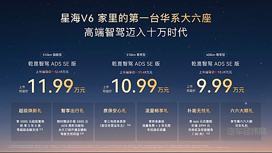 华系大六座星海V6正式上市9.99万元起！高端智驾迈入十万时代