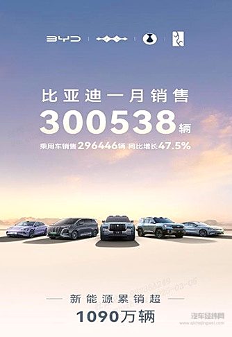 中国销冠 比亚迪1月销量超30万台 出口量飙升83.4%
